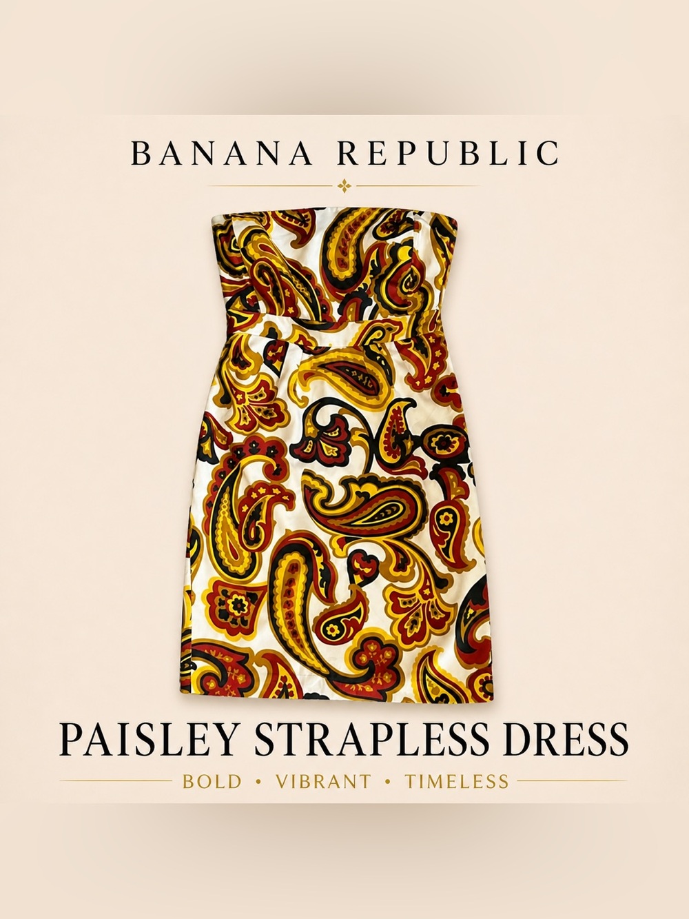 Banana Republic Strapless Dress in Red, Yellow, and Black Paisley